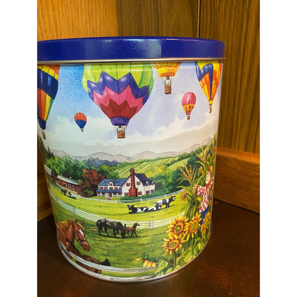 Vintage‎ Farmhouse Tin Hot Air Balloons Horses Country Scene Blue Lid Cottgecore